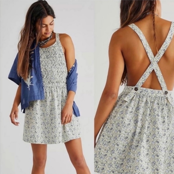Free People White Petunia In Tea Combo Apron Style Mini Dress Size Large - Picture 3 of 14